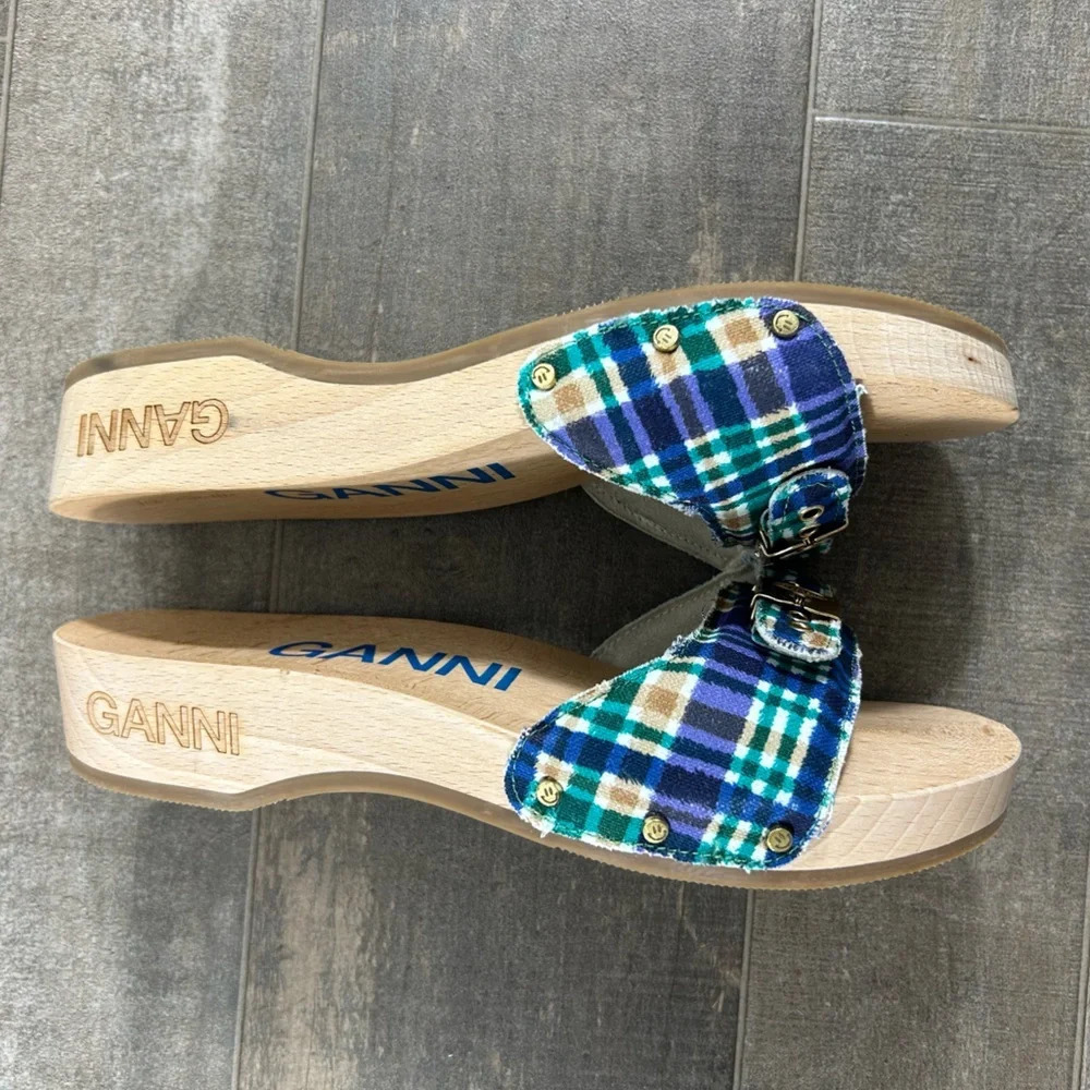 NEW Ganni x Dr Scholls Blue Plaid Pescura Heel Clogs - Picture 2 of 8